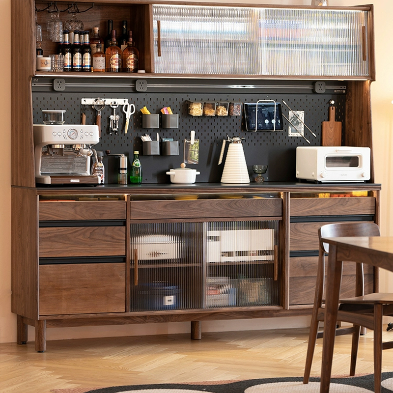 餐边柜实木岩板置物柜樱桃木靠墙一体高柜黑胡桃木储物柜