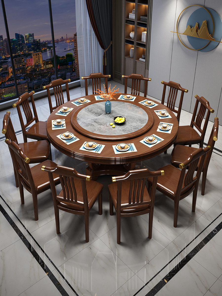 大理石餐桌椅组合新中式实木大圆桌岩板转盘家用小户型吃饭桌子2m
